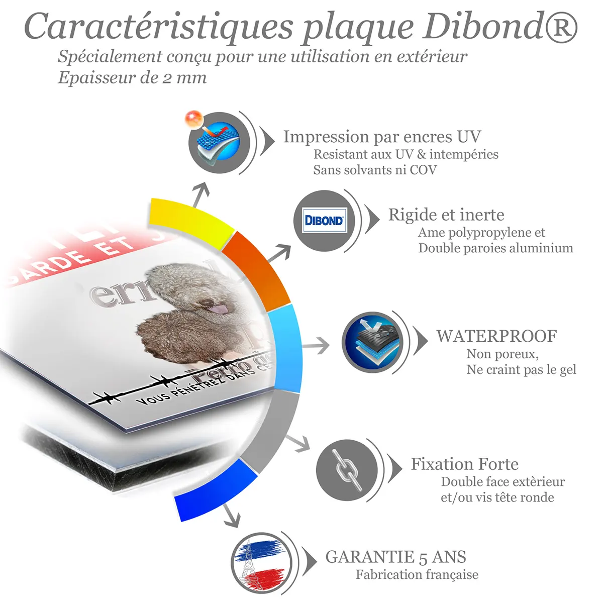 Caractéristiques de la plaque attention au chien chien d'eau espagnol : dibond 2 mm, impression UV, garantie 5 ans
