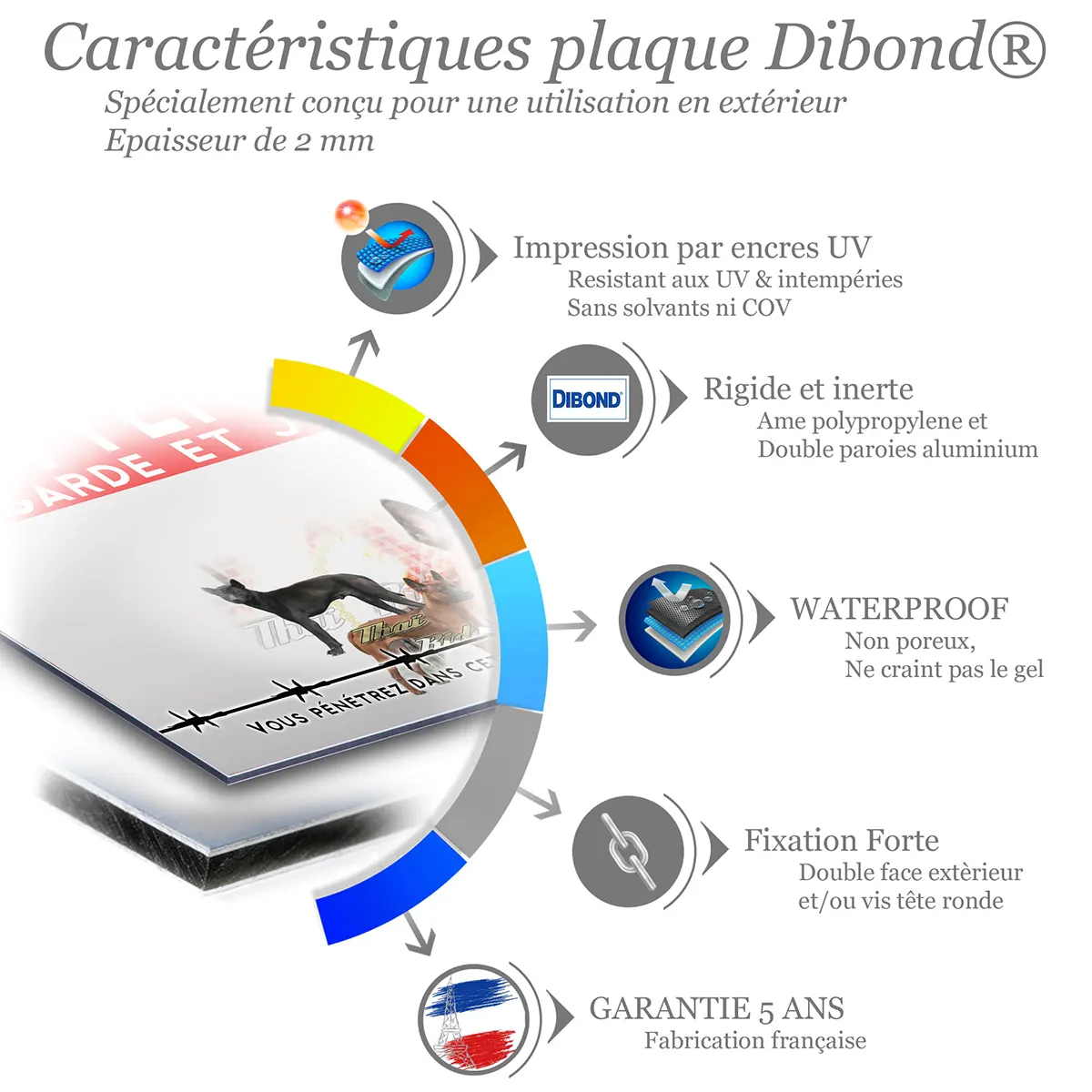 Caractéristiques de la plaque attention au chien thai ridgeback : dibond 2 mm, impression UV, garantie 5 ans