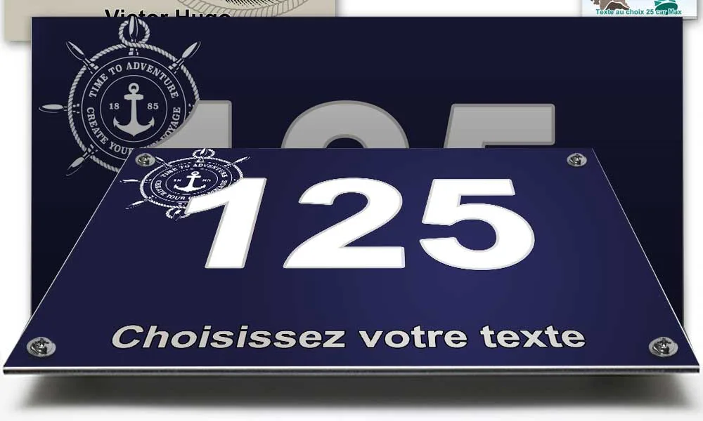 Plaque numéro de maison marine bleu marine avec ancre, posée