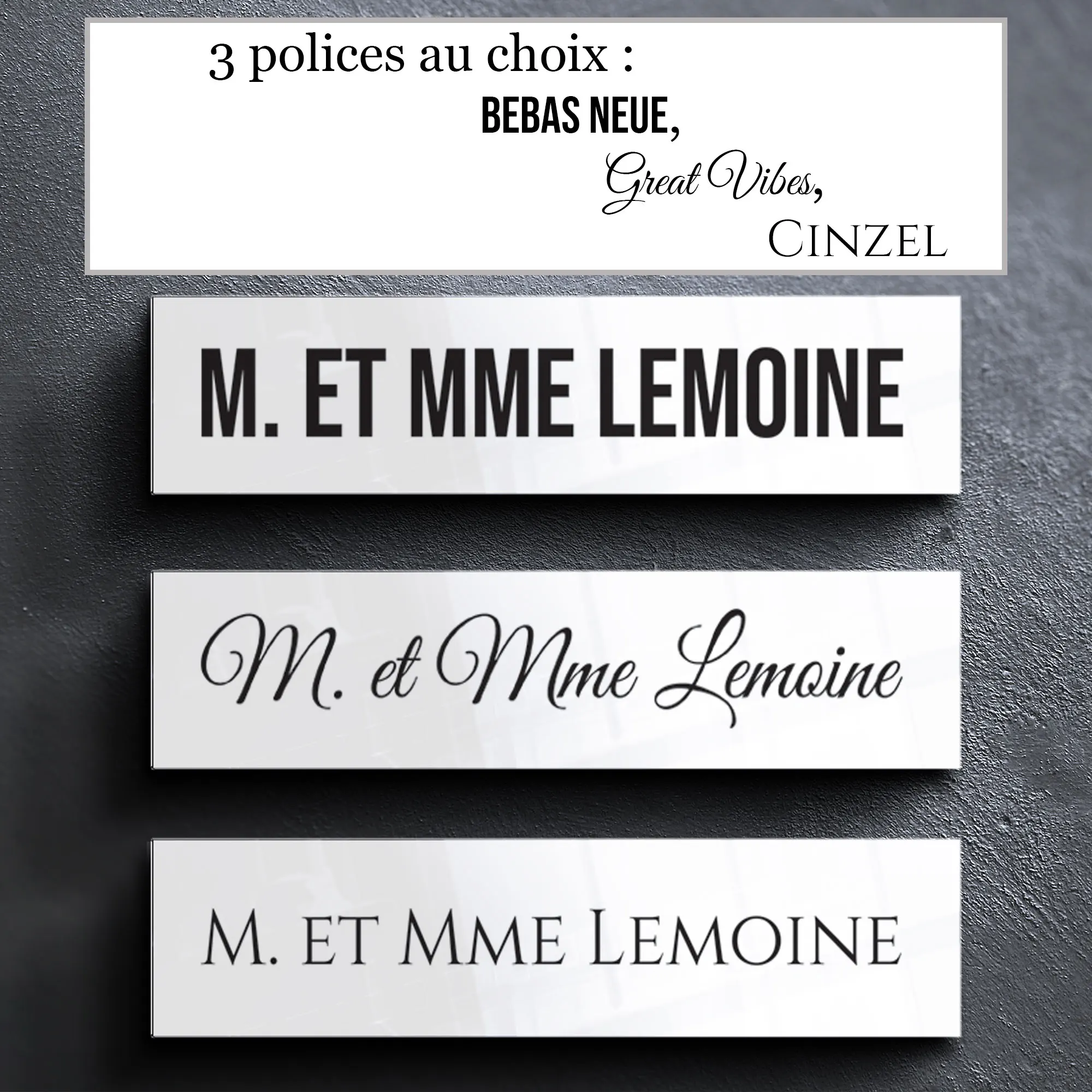 Les trois polices au choix pour la plaque de boîte aux lettres : Bebas Neue, Great Vibes, Cinzel