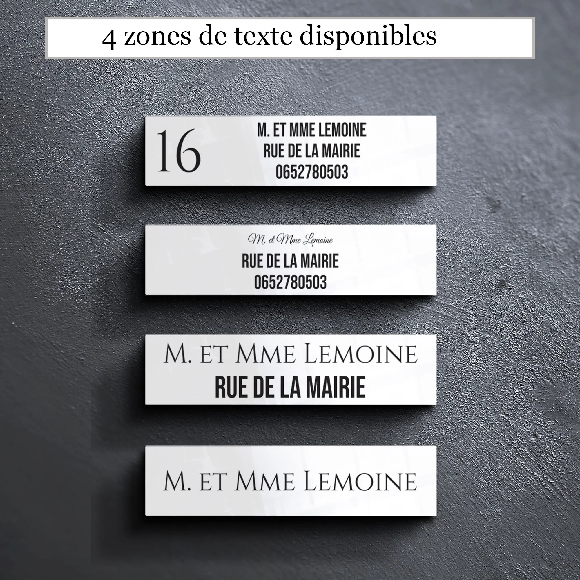 Les quatre dispositions de texte de la plaque de boîte aux lettres : nom, adresse, téléphone