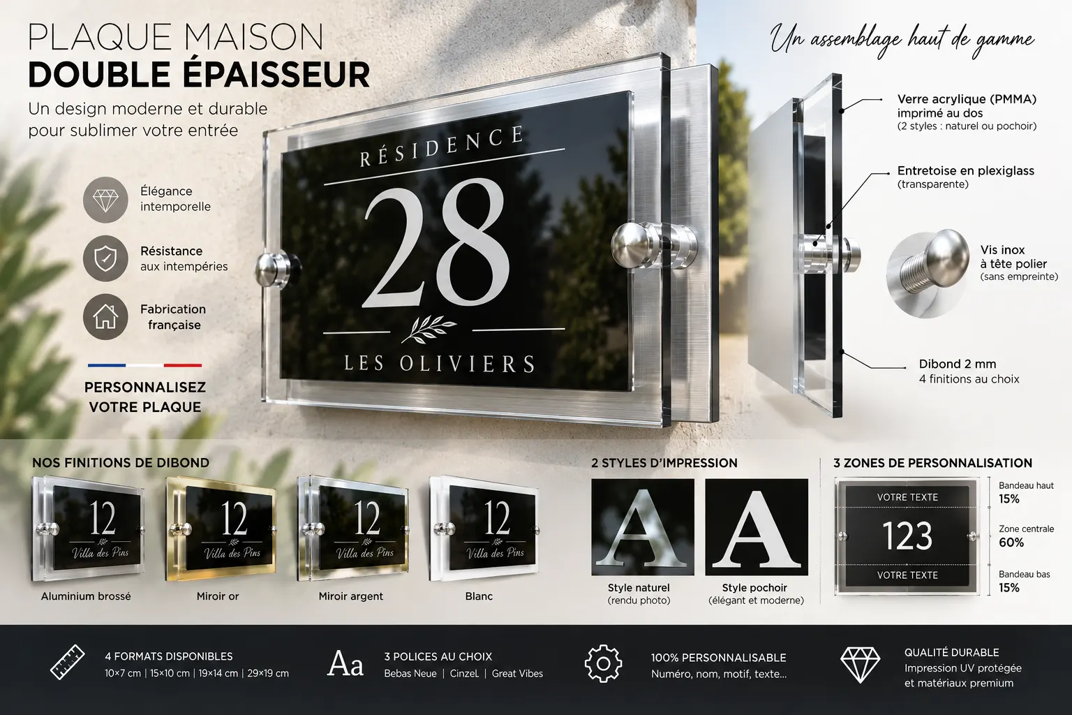 Plaque adresse maison en plexiglas sur entretoises, deux couches