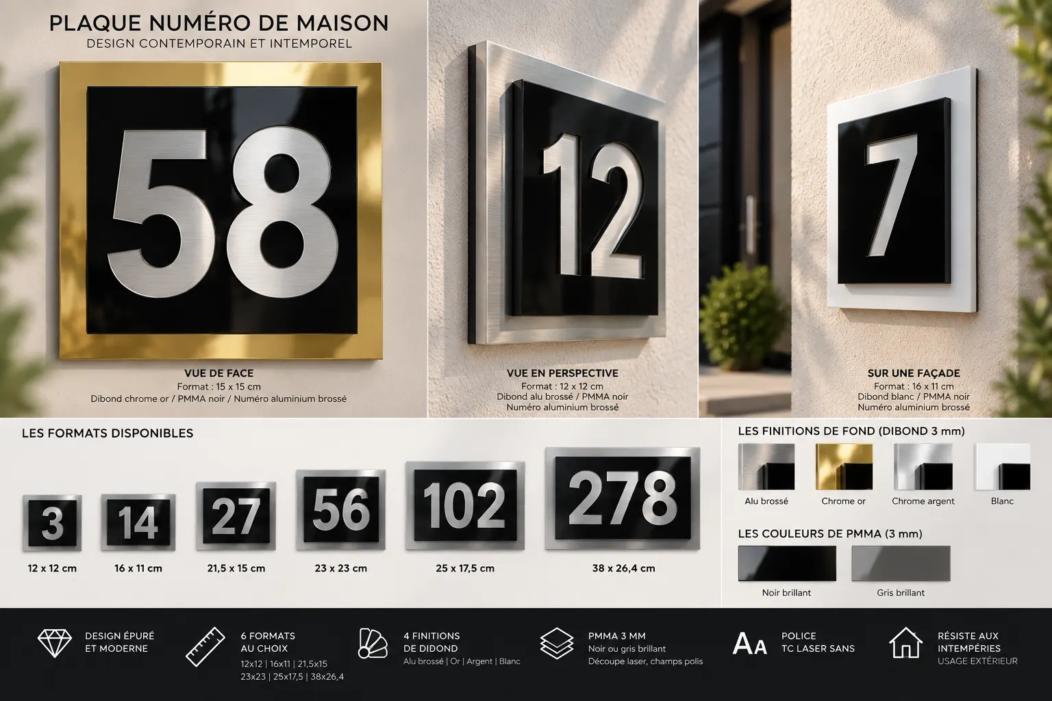 Numéro de maison découpé dans l'acrylique sur support métal