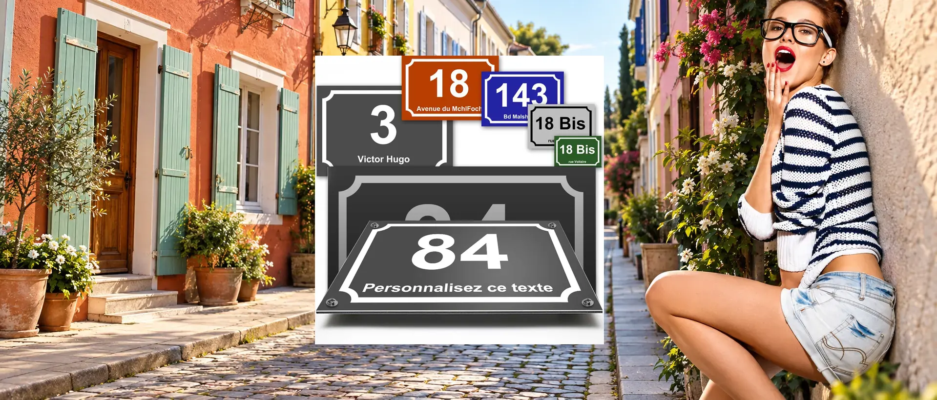 Plaque numéro de maison personnalisée à motifs, posée sur une façade