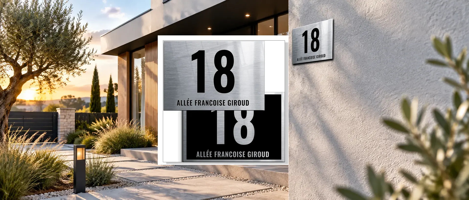 Plaque numéro de maison en dibond métal miroir posée sur un mur