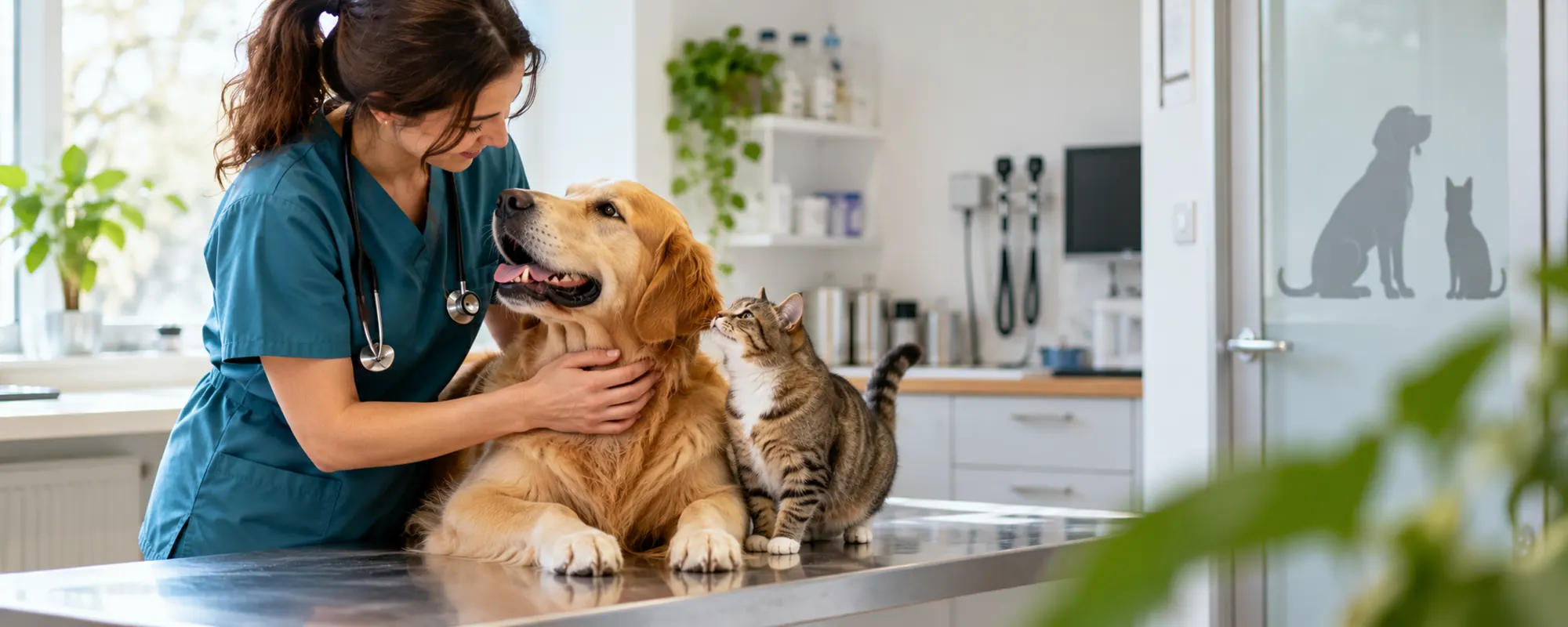 Vétérinaire auscultant un golden retriever et un chat dans son cabinet